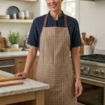 Brown cotton kitchen apron with white pinstripes, adjustable neck strap and two front pockets.